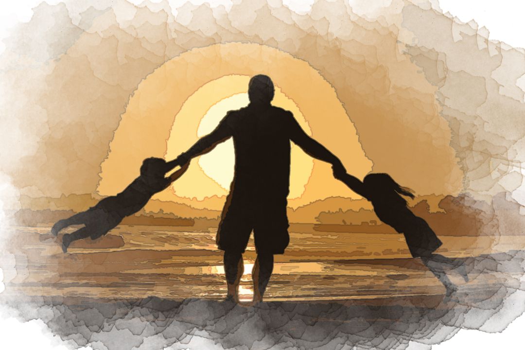 silhouette of man holding two childrens on shore during daytime