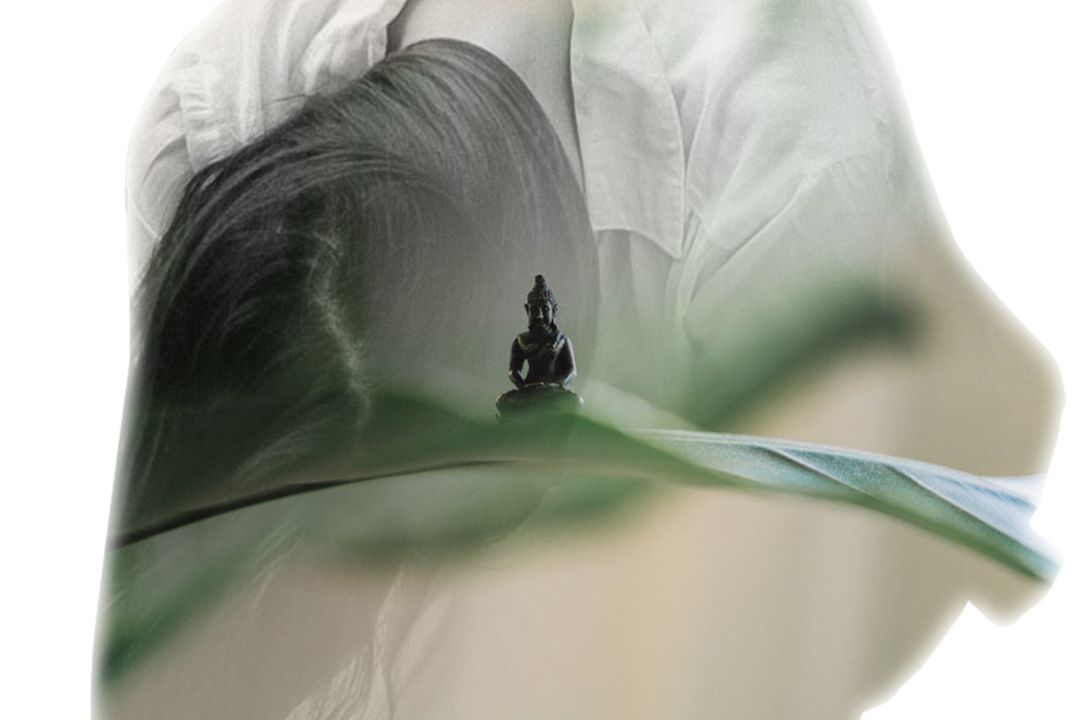 selective focus photography of black Buddha figurine on green leaf